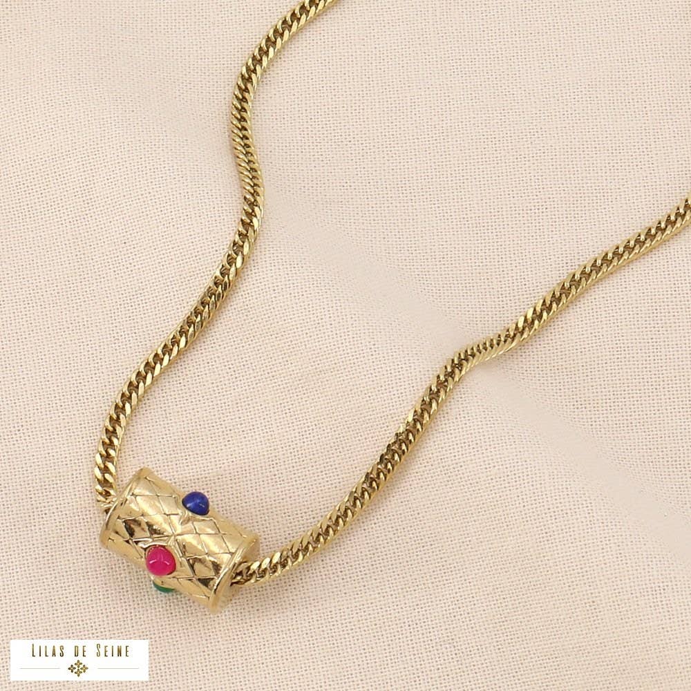 Collier acier pendentif talisman cylindre pierre 0124048