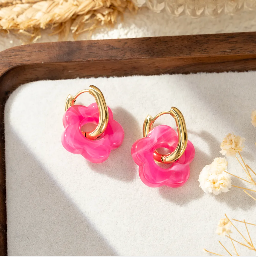Boucles Oreilles Fleur Anneau Doré Colorées
