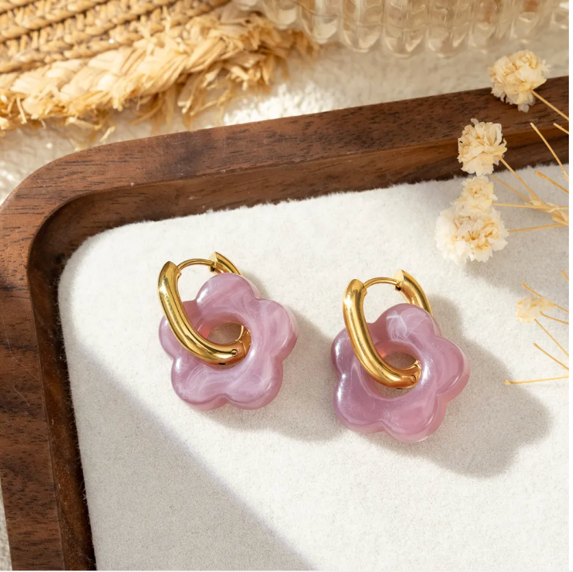 Boucles Oreilles Fleur Anneau Doré Colorées