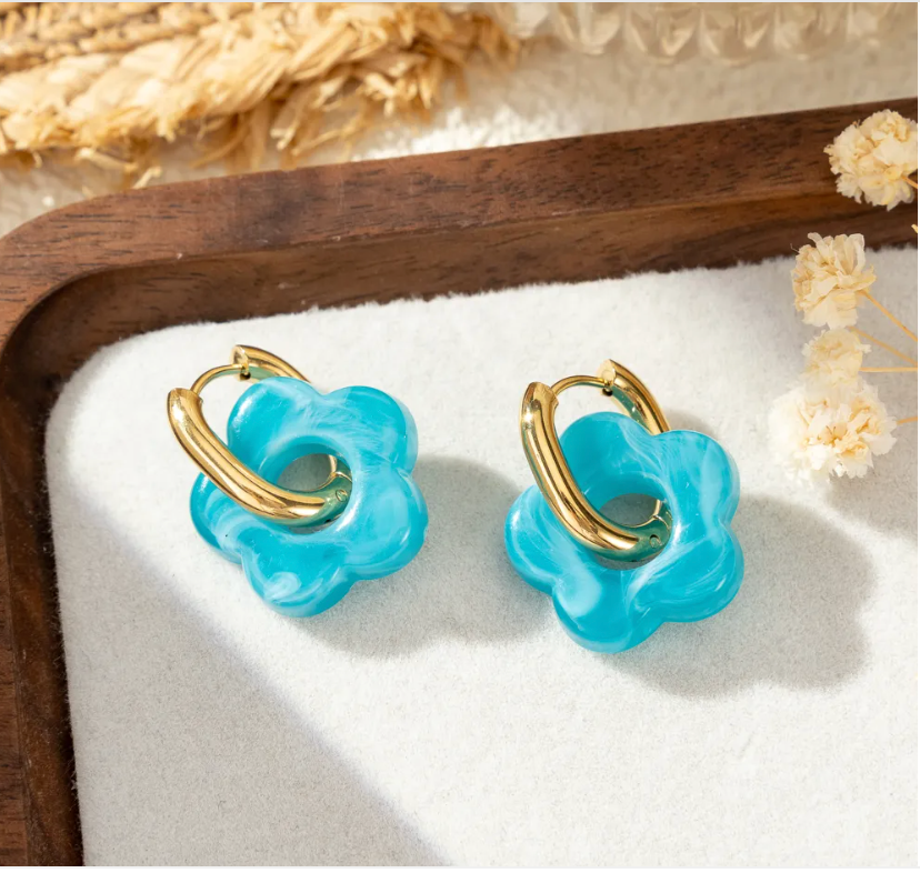 Boucles Oreilles Fleur Anneau Doré Colorées