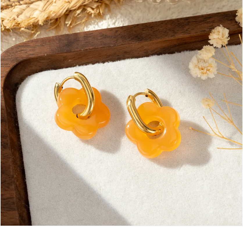 Boucles Oreilles Fleur Anneau Doré Colorées