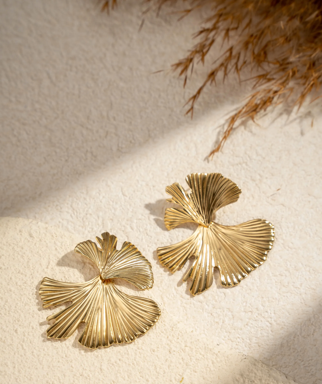 Boucles d’oreilles acier inoxydable feuille de ginkgo dorée