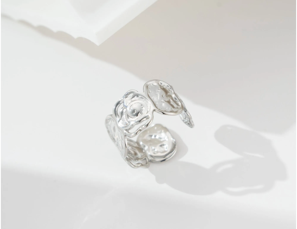 Bague fleur moderne ajustable acier inoxydable tendance