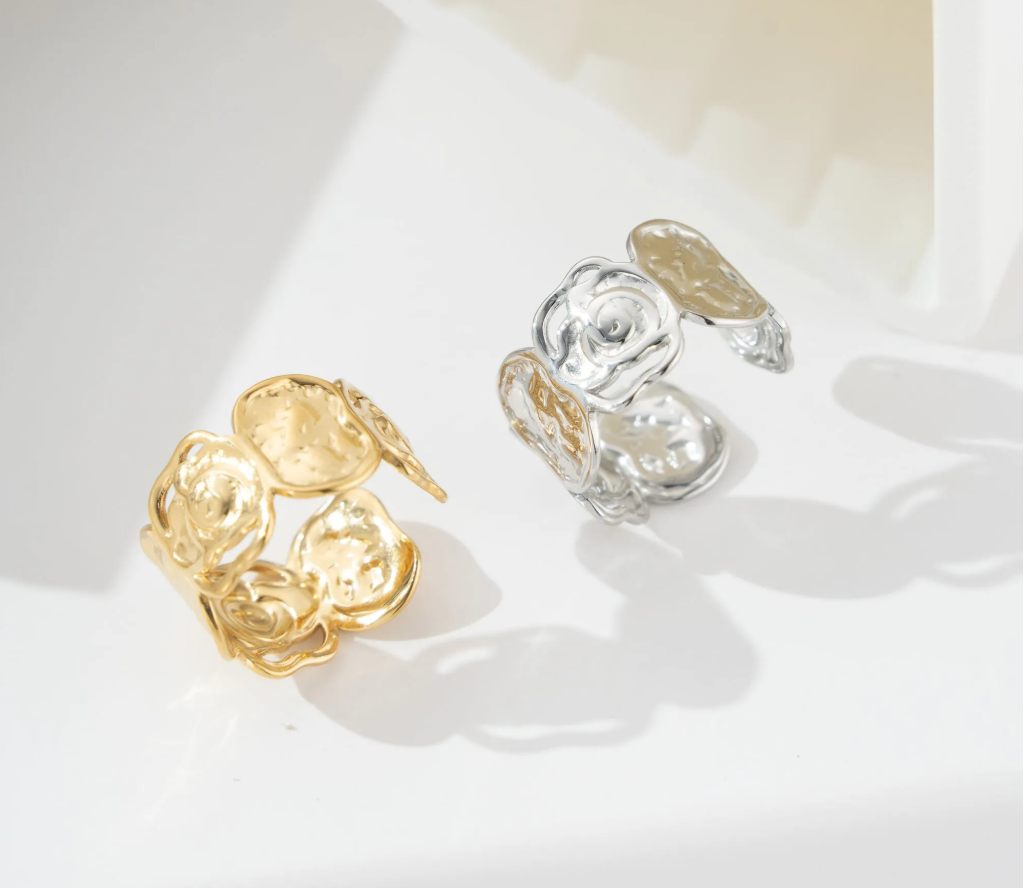 Bague fleur moderne ajustable acier inoxydable tendance
