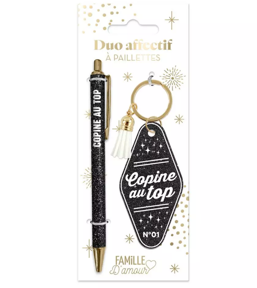 Duo de Cadeaux Paillettes - Stylo & Porte-Clés Déclinaisons: Copine au Top