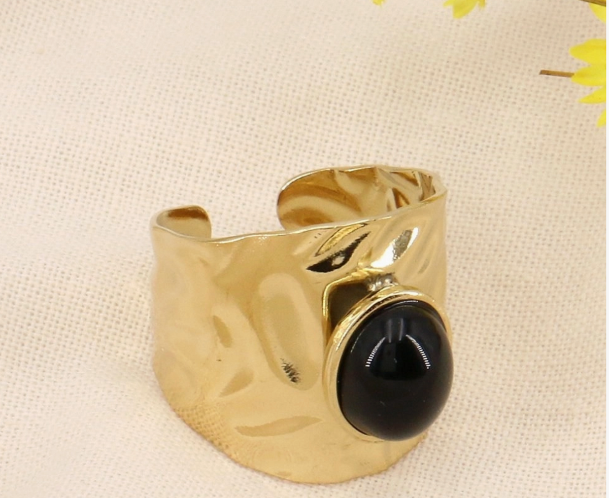 Bague acier cabochon pierre naturelle anneau froissé