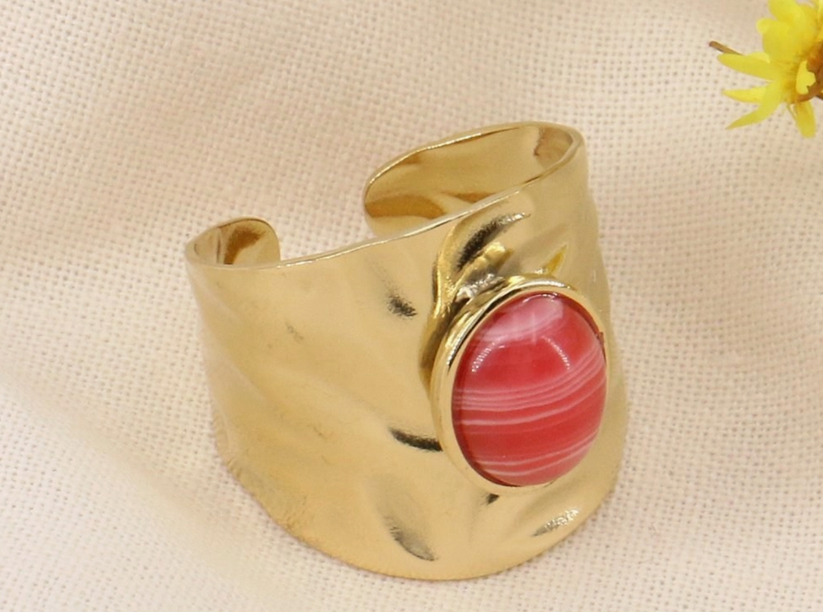 Bague acier cabochon pierre naturelle anneau froissé