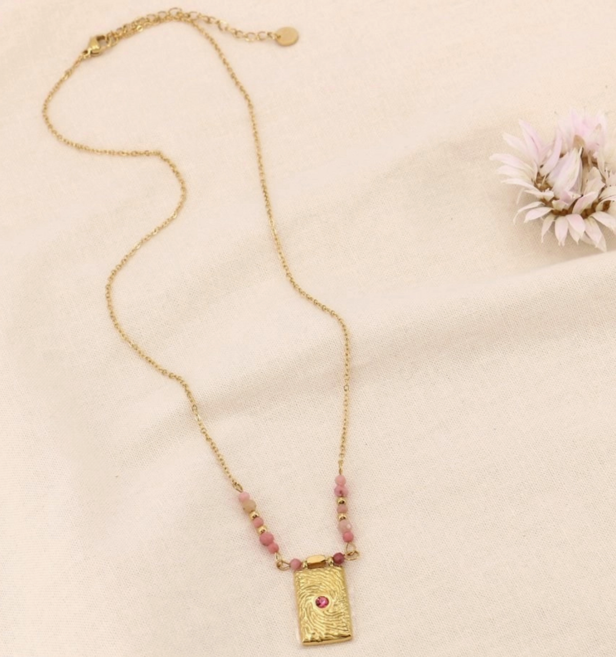 Collier acier billes pierre pendentif rectangle