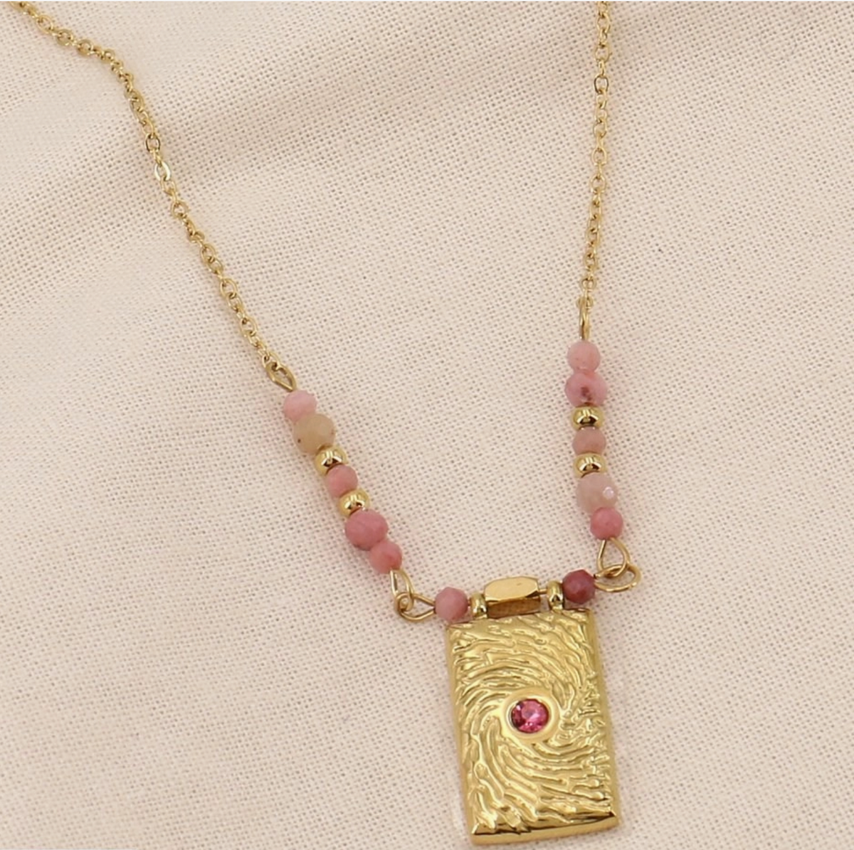 Collier acier billes pierre pendentif rectangle