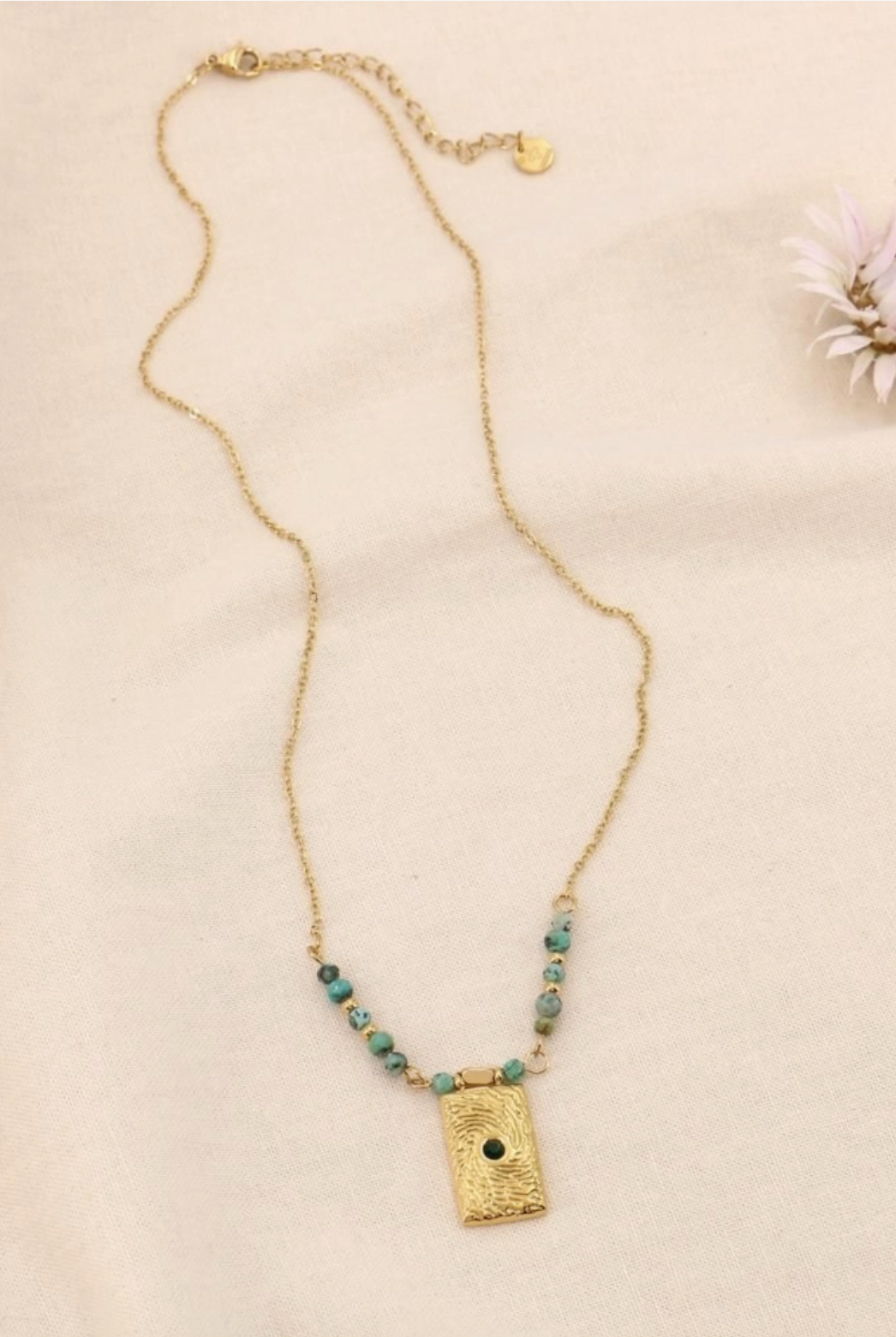 Collier acier billes pierre pendentif rectangle