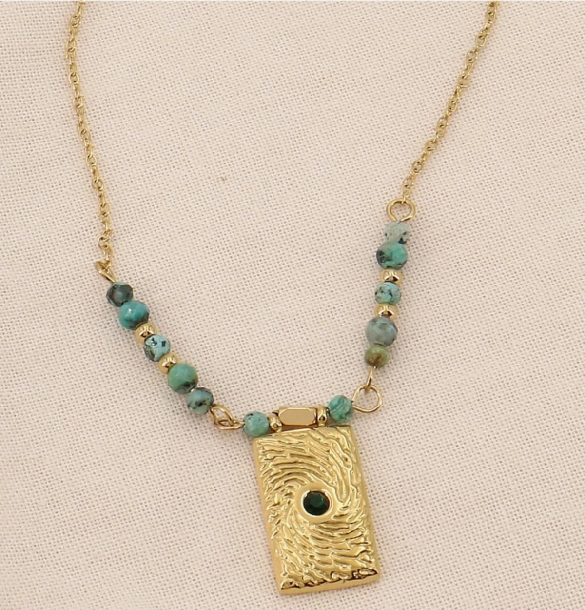Collier acier billes pierre pendentif rectangle