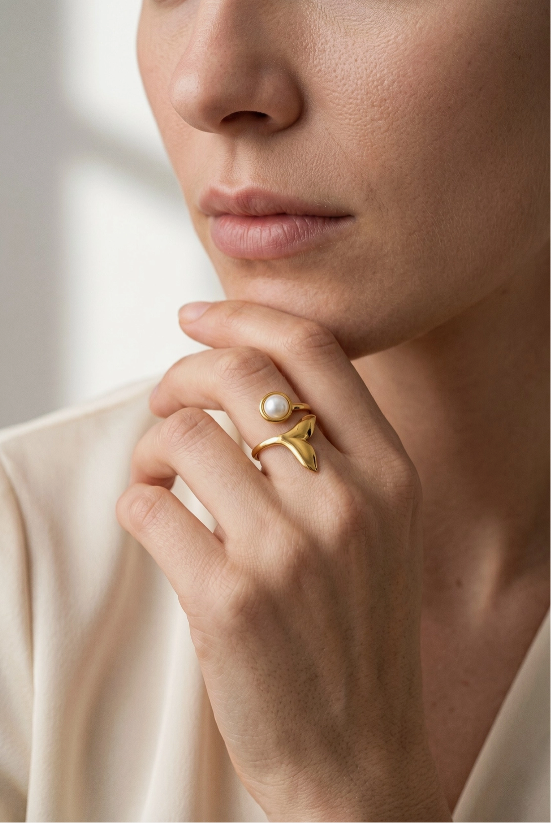 Bague queue de sirène perle ajustable acier inoxydable dorée
