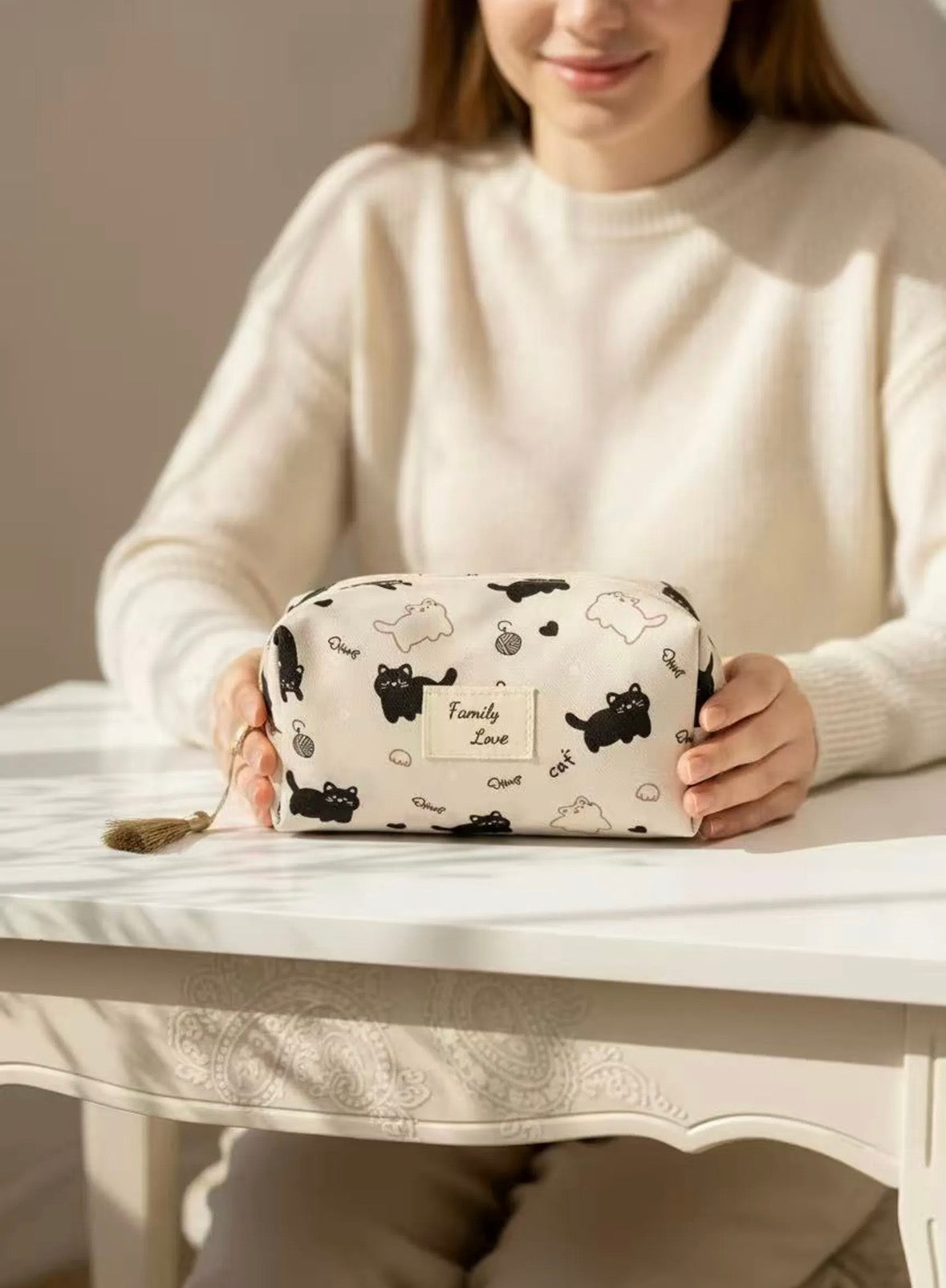 Pochette Trousse toilette 16x9x9 cm chats cœurs inscription family Love