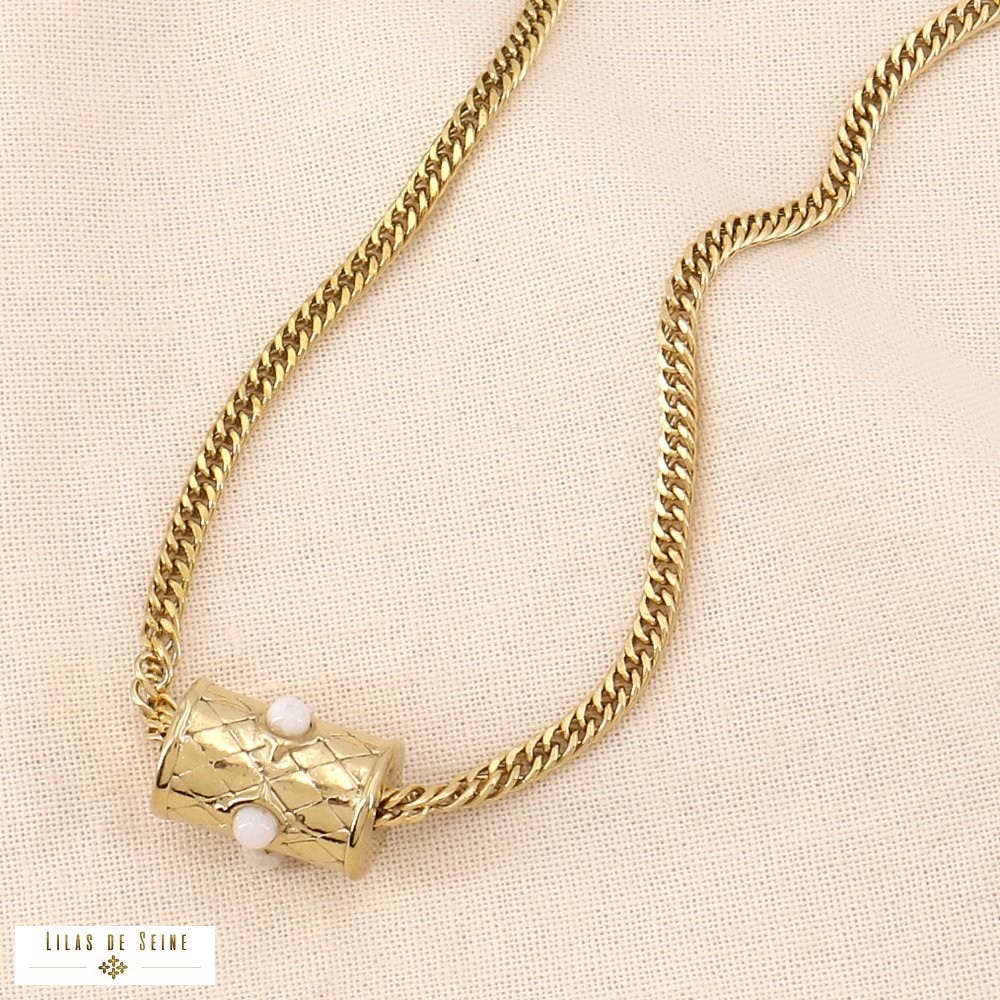 Collier acier pendentif talisman cylindre pierre 0124048