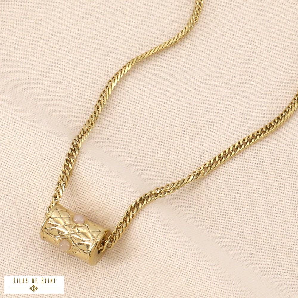 Collier acier pendentif talisman cylindre pierre 0124048