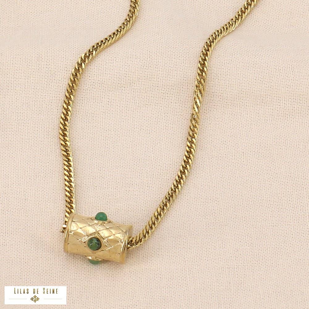 Collier acier pendentif talisman cylindre pierre 0124048